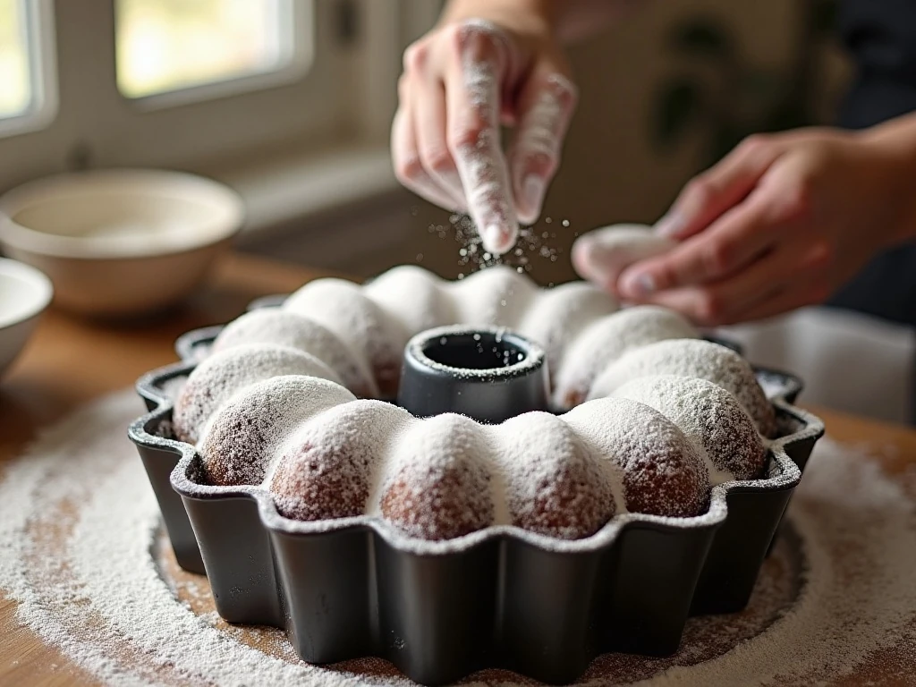 Prepared Bundt pan coated in flour to prevent sticking