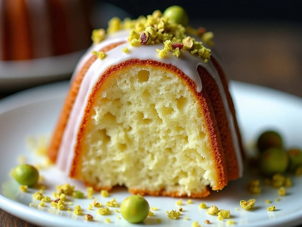 Close-up slice of moist pistachio Bundt cake with pistachio garnish