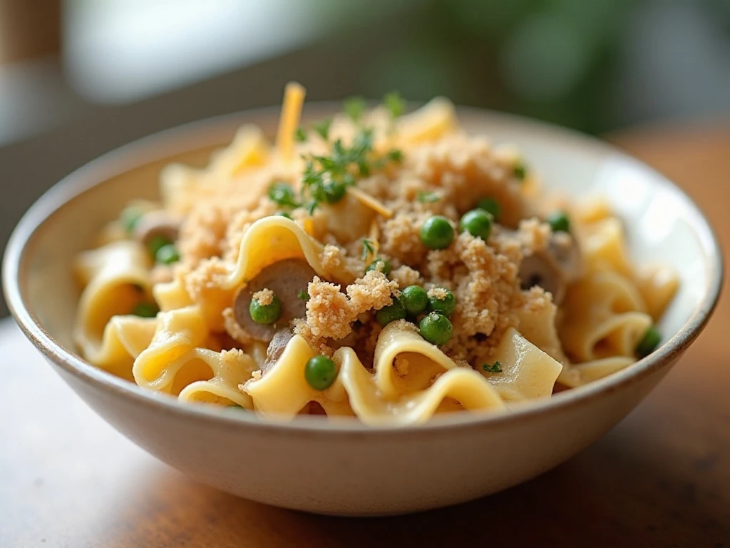 Light and healthy tuna noodle casserole served warm with mushrooms, peas, tuna, and a crisp topping
