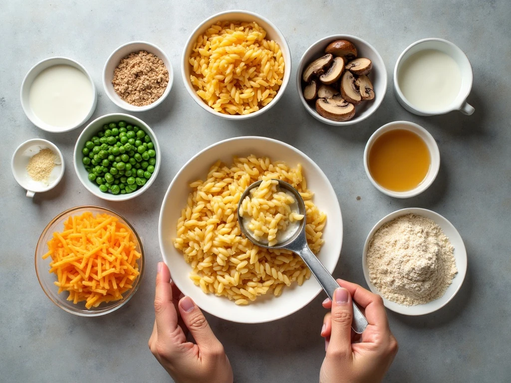 Ingredients for light tuna noodle casserole arranged for cooking