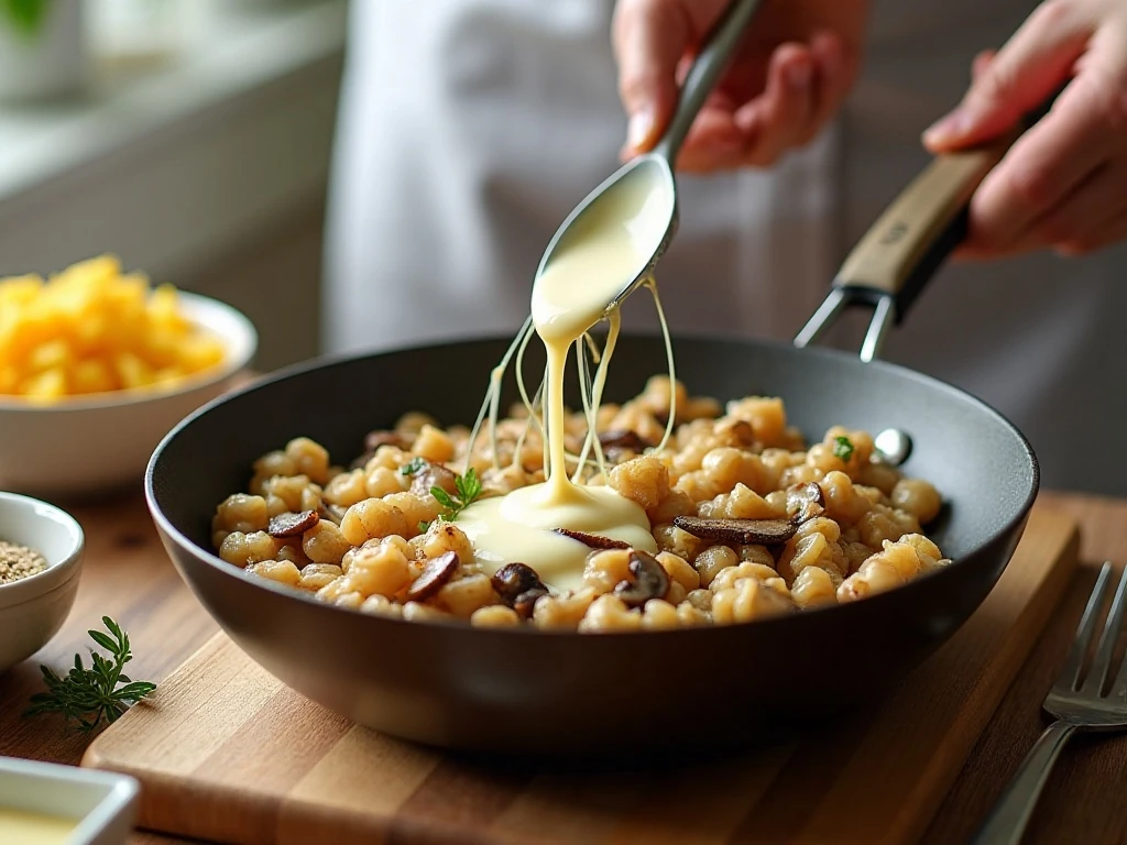 Making the creamy mushroom sauce for healthy tuna noodle casserole