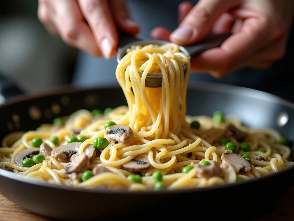 Folding noodles, tuna, peas, and vegetables into casserole sauce