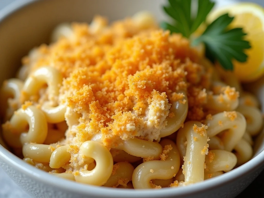 Golden crunchy topping on a serving of tuna noodle casserole