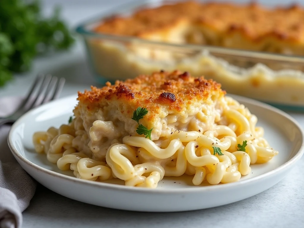 Stored and reheated tuna noodle casserole portion