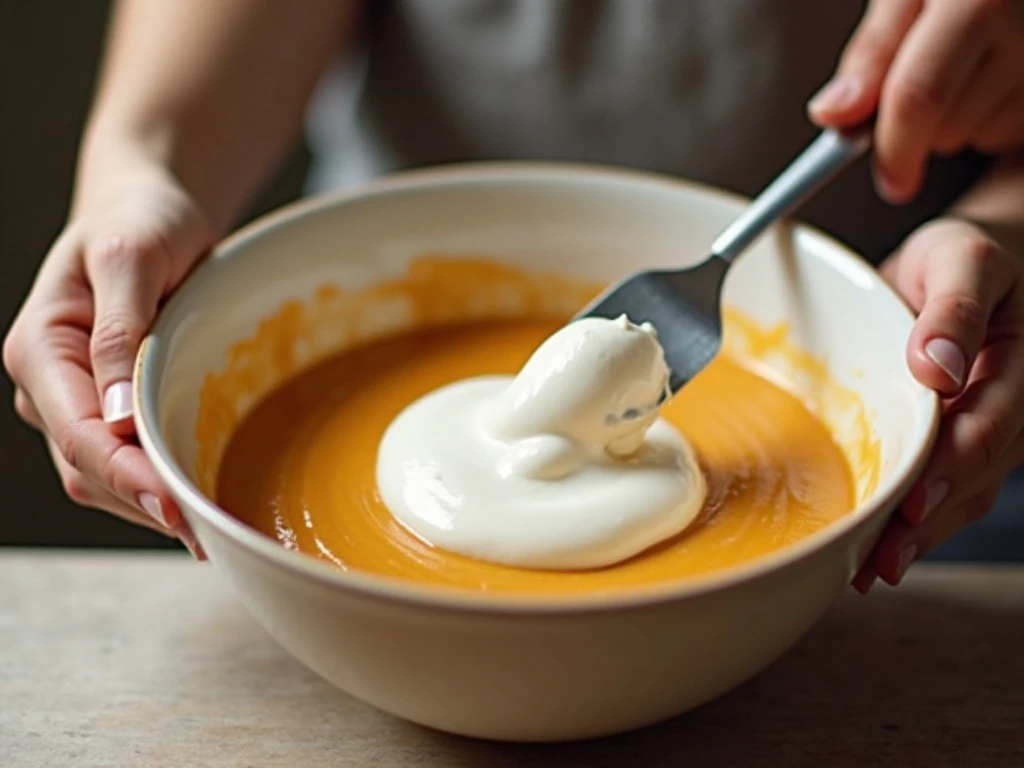 Folding whipped topping into pumpkin cheesecake mousse