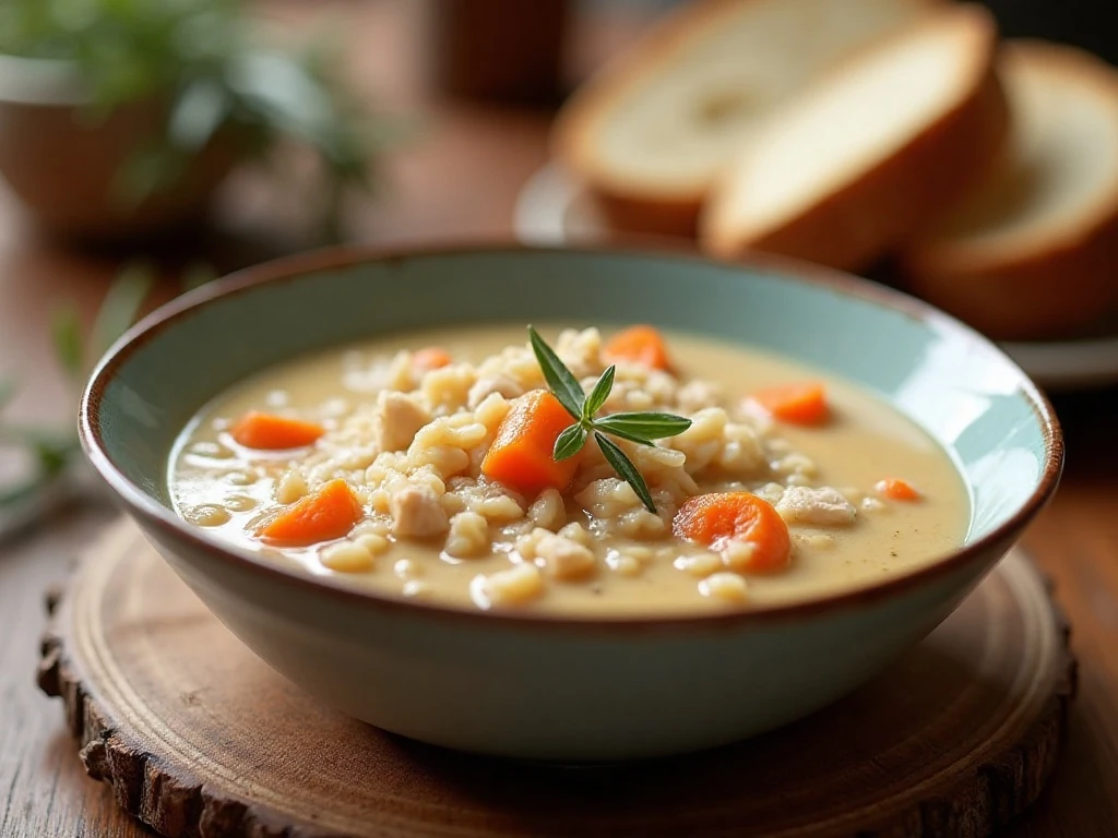 Bowl of lightened-up creamy chicken and wild rice soup served with bread