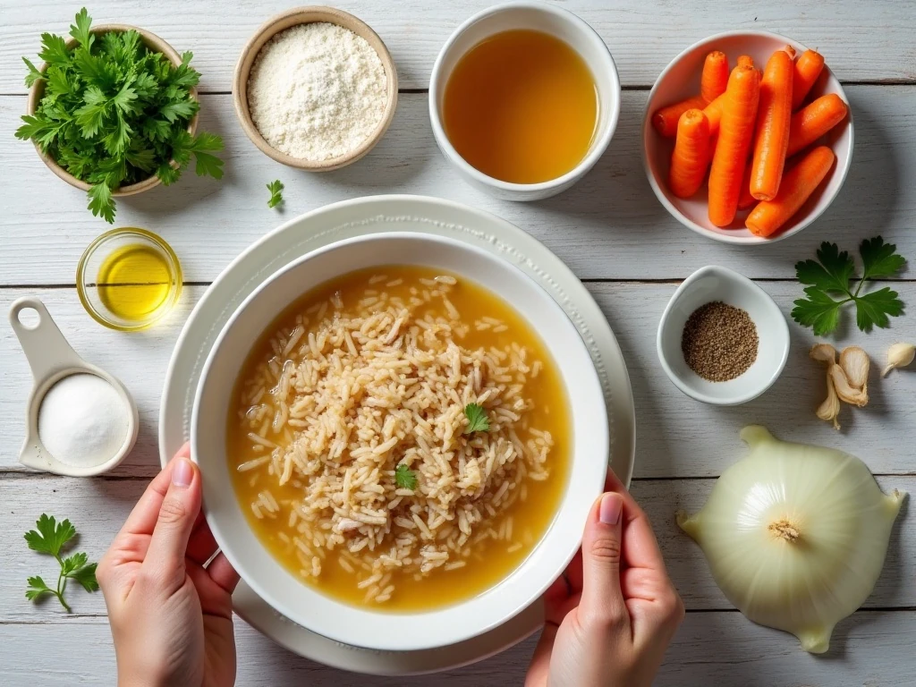Ingredients for creamy chicken and wild rice soup arranged for cooking