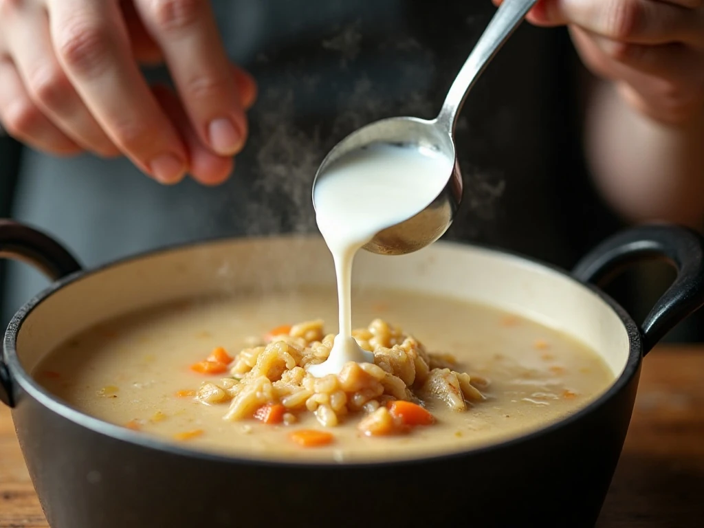 Adding milk to creamy chicken and wild rice soup near the end of cooking