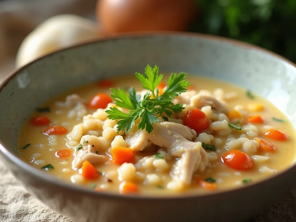 Close-up serving of creamy chicken and wild rice soup with parsley