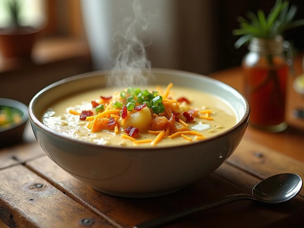 Creamy loaded baked potato soup topped with bacon, cheddar, green onions, and sour cream