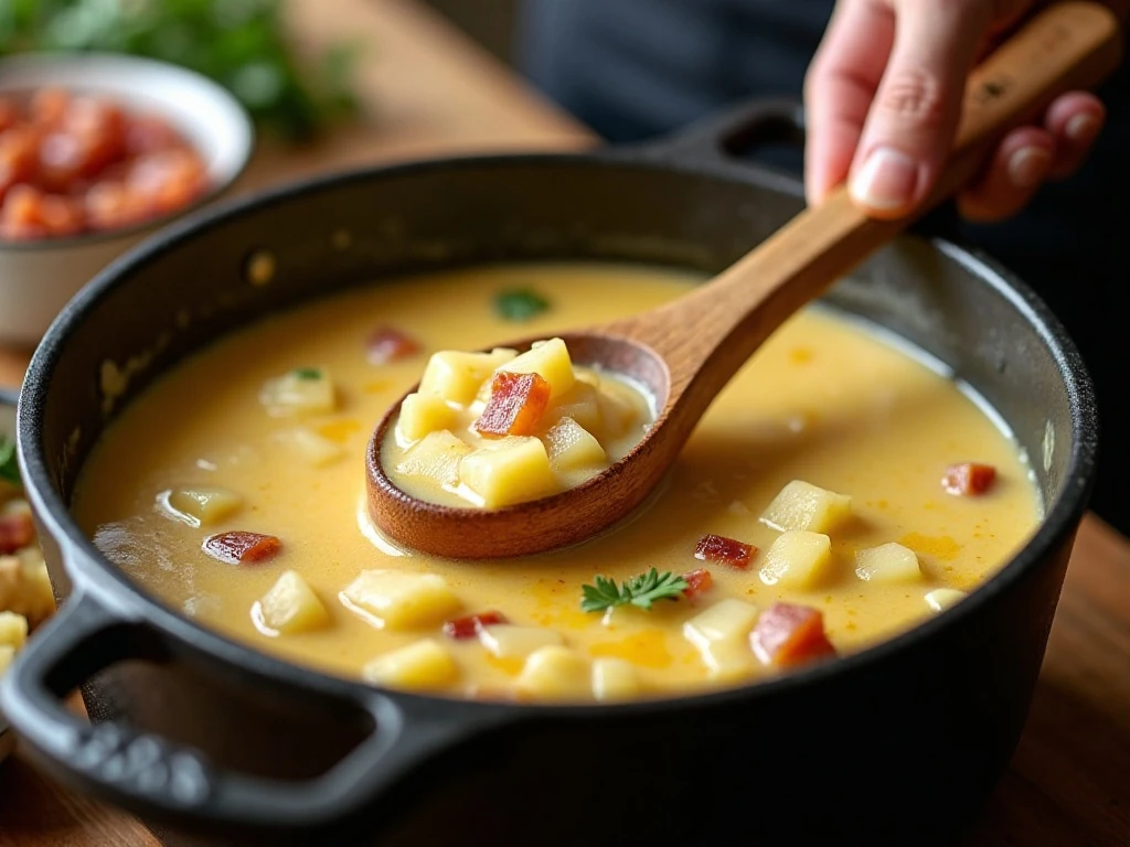 Creamy potato soup simmering in a Dutch oven