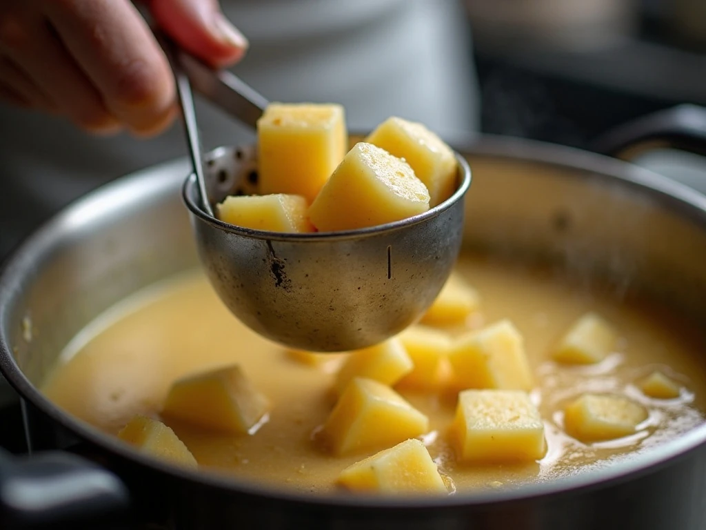 Partially mashed potatoes creating a chunky creamy soup texture