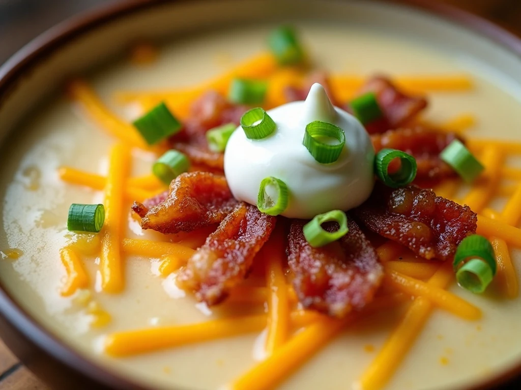 Close-up of loaded baked potato soup garnished with bacon, cheese, and green onions