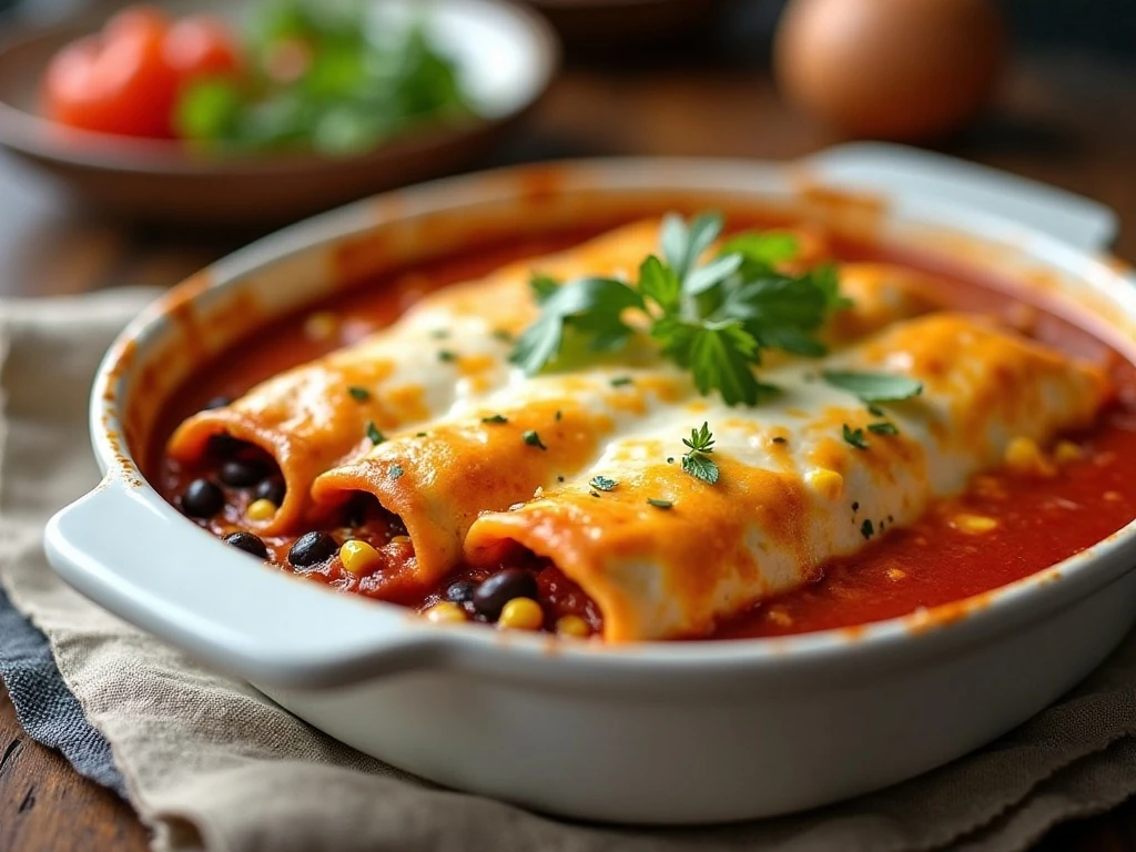 Loaded chicken enchiladas baked with red sauce and melted cheese