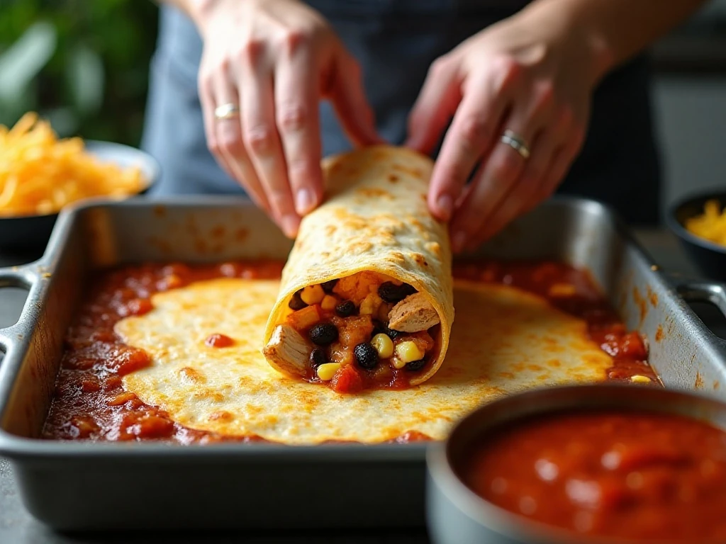 Rolling chicken enchiladas before placing them in a baking dish