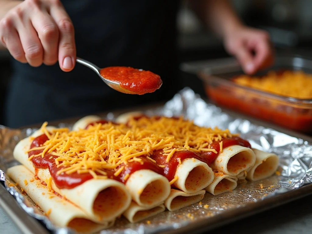 Covering rolled enchiladas with red sauce and shredded cheese