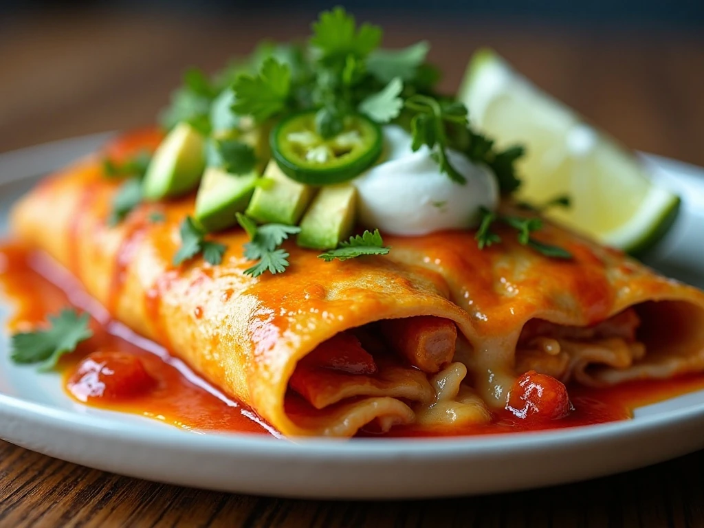 Chicken enchilada garnished with avocado, cilantro, jalapeno, sour cream, and lime
