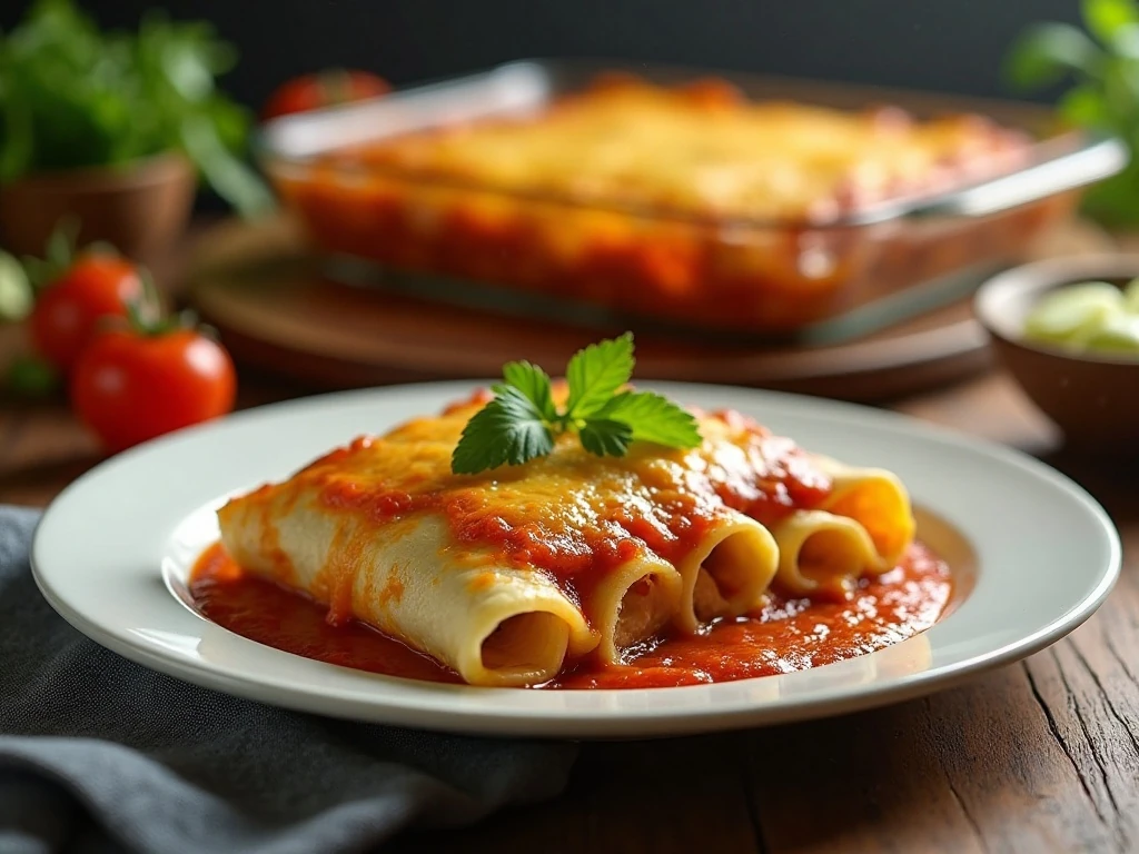 Reheated loaded chicken enchiladas ready to serve