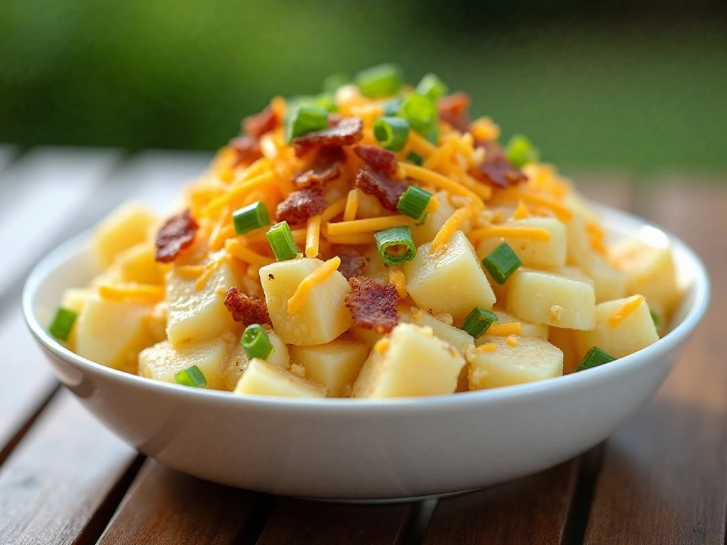 Creamy loaded potato salad with cheddar, bacon, and green onions