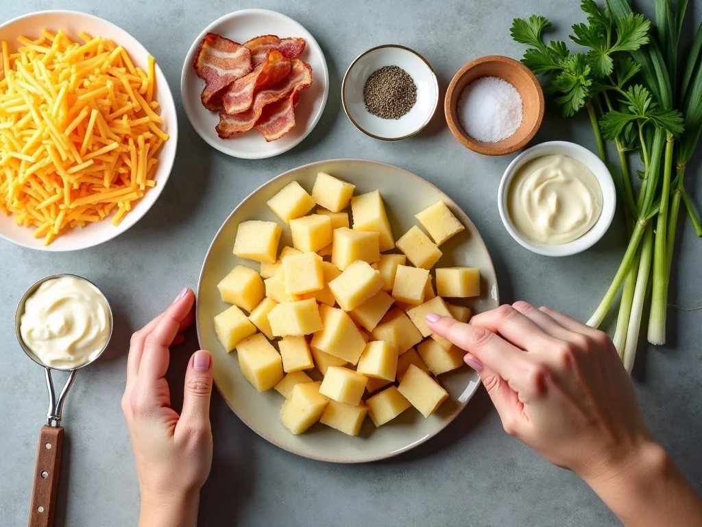 Ingredients for loaded potato salad arranged for cooking