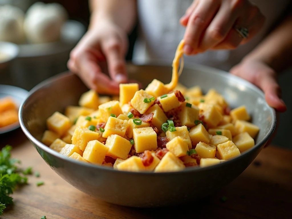 Potatoes being folded with creamy dressing and loaded toppings