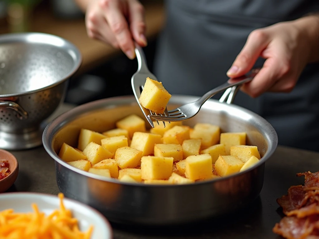 Testing potato cubes for the perfect tender texture