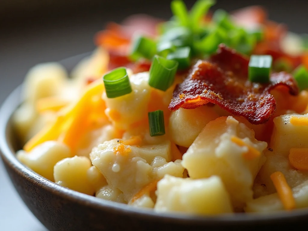 Loaded potato salad finished with bacon, cheddar, and green onions