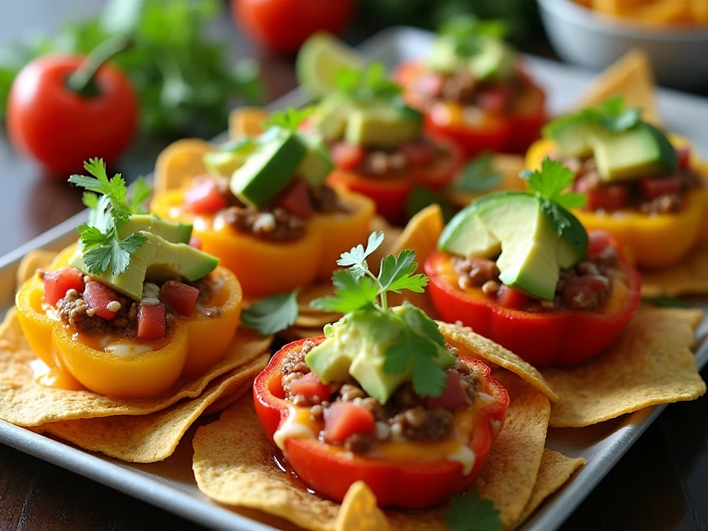 Colorful loaded sweet pepper nachos arranged on a serving platter