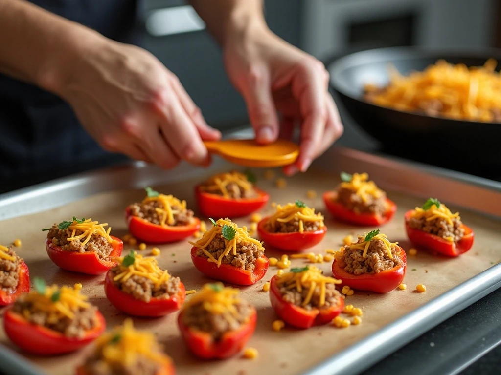 Preparing mini sweet peppers and taco filling for nachos