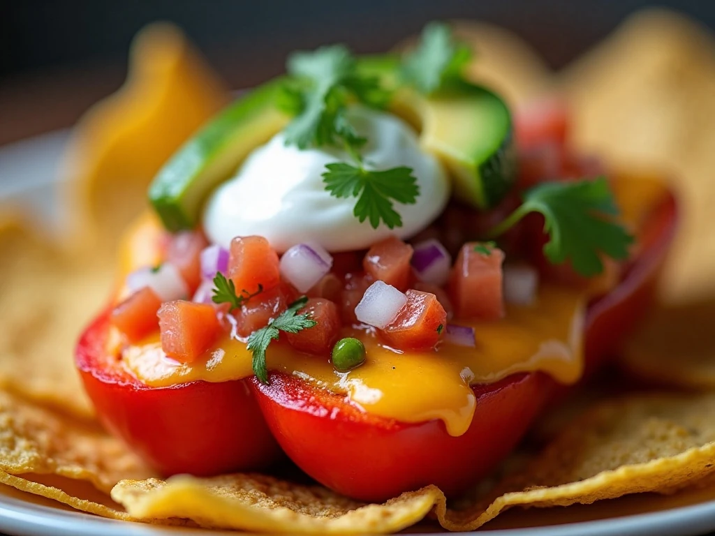 Close-up of cheesy sweet pepper nacho toppings