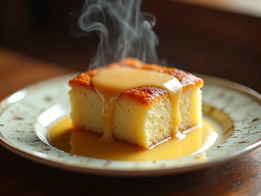 Traditional Louisiana bread pudding served warm with vanilla sauce