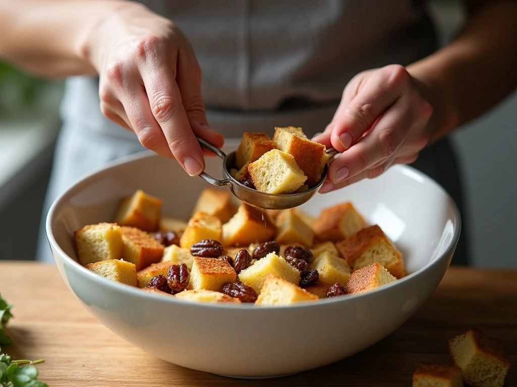 Bread cubes being soaked in spiced custard for bread pudding