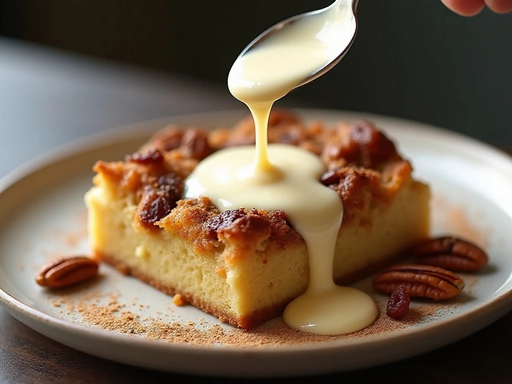 Close-up of vanilla sauce poured over bread pudding with raisins and pecans