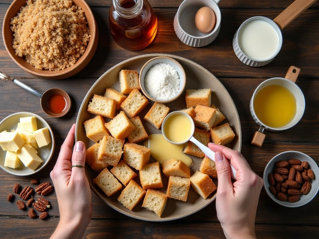 Ingredients for authentic Louisiana bread pudding and homemade sauce