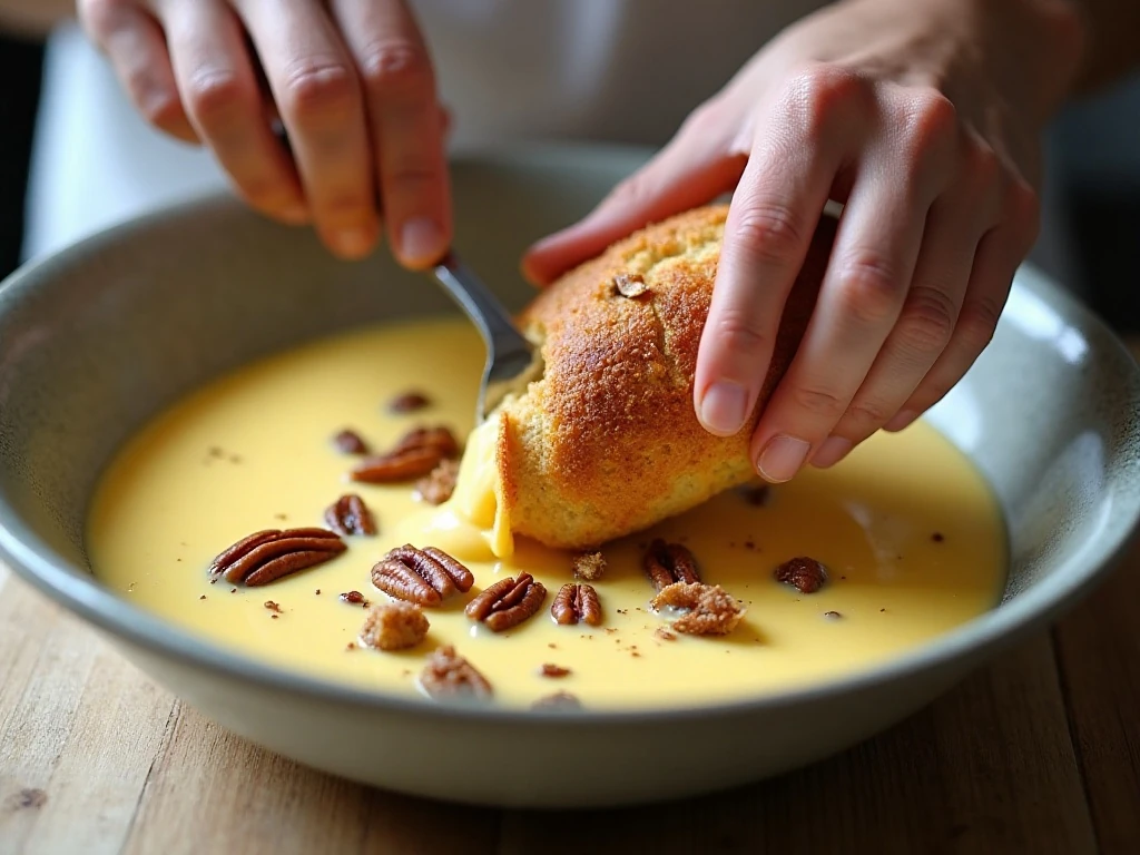 Mixing soaked bread with custard, raisins, and pecans for bread pudding