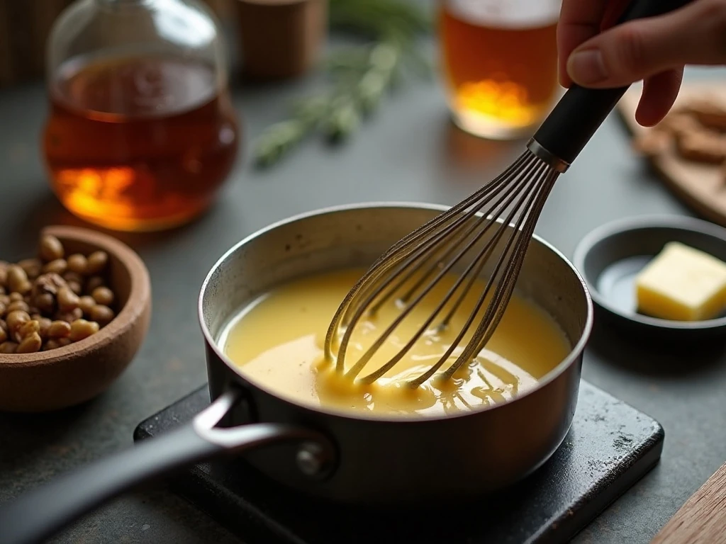 Making homemade bourbon-vanilla sauce in a saucepan