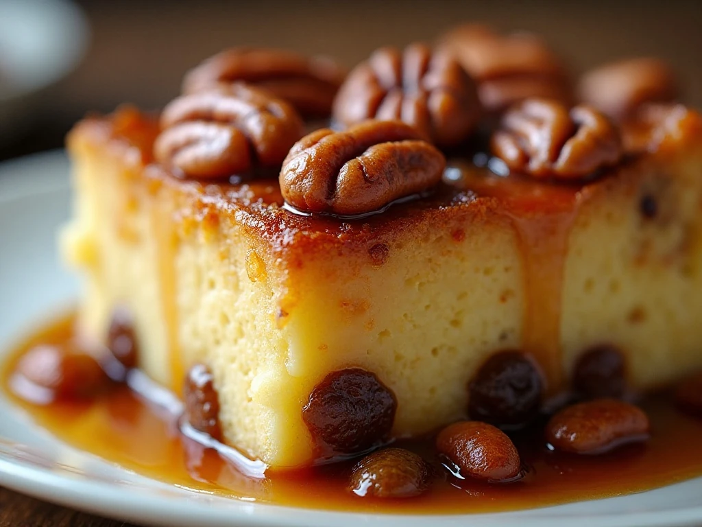 Close-up of the soft custardy texture of Louisiana bread pudding