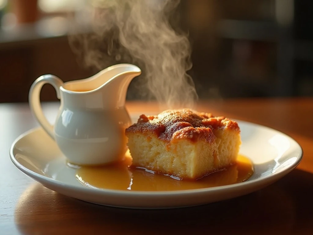 Serving reheated Louisiana bread pudding with warm vanilla sauce