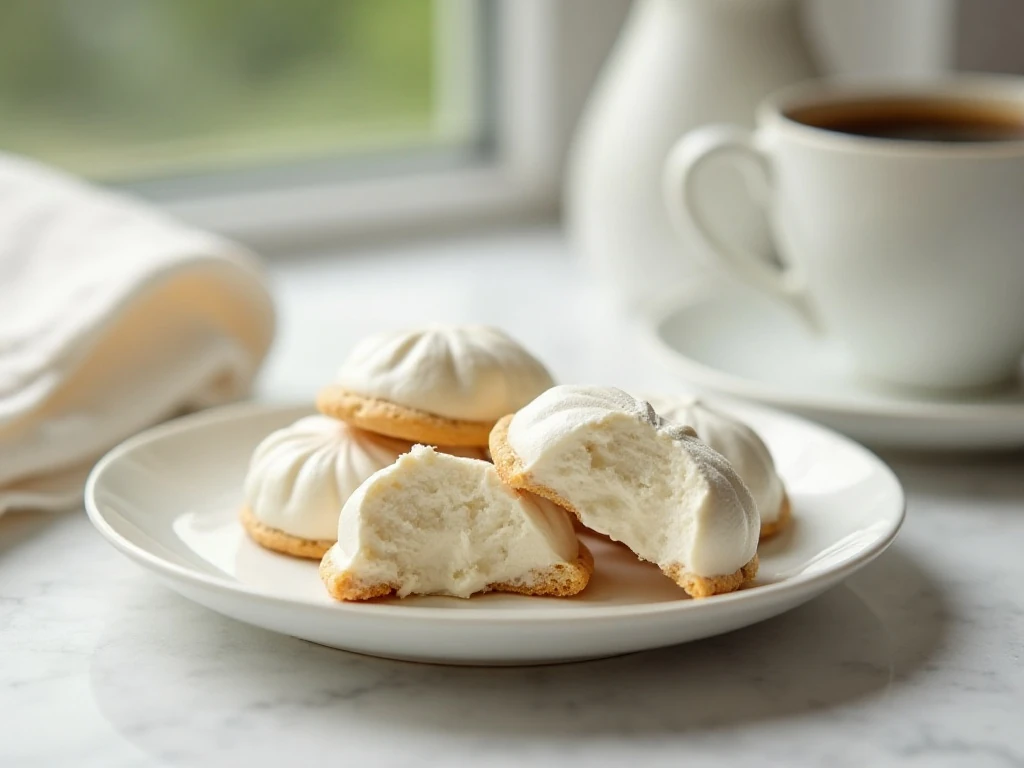 Light and crisp low-carb almond meringue cookies arranged on a dessert plate
