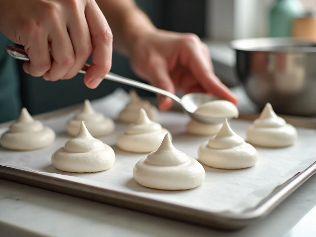 Glossy almond meringue being portioned onto a parchment-lined baking sheet