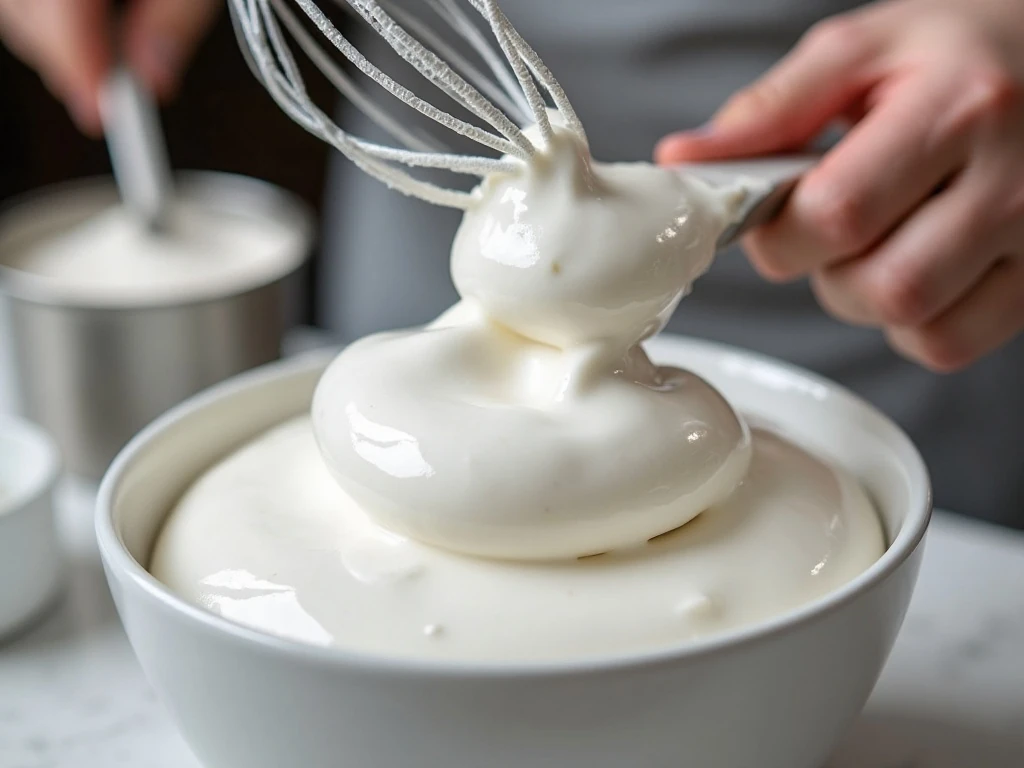 Glossy stiff peaks showing the proper texture for almond meringue cookies
