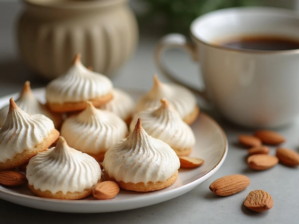 Almond meringue cookies served with sliced almond garnish and coffee