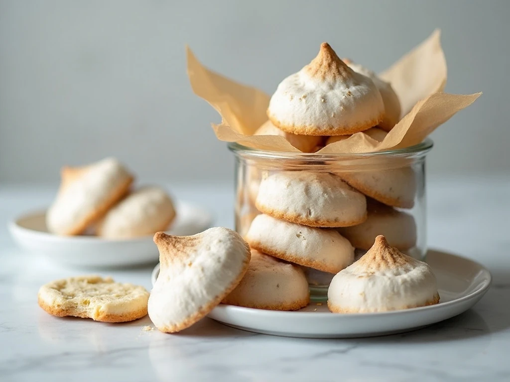 Crisp almond meringue cookies stored in an airtight container