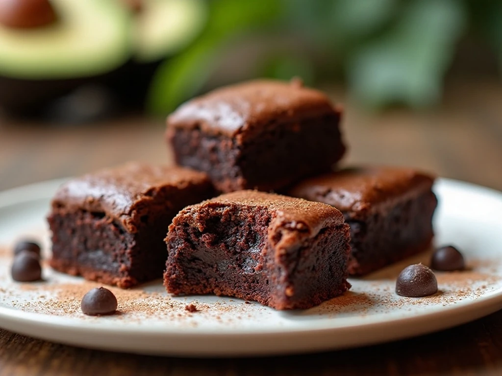 Fudgy low-carb avocado brownies arranged on a dessert plate