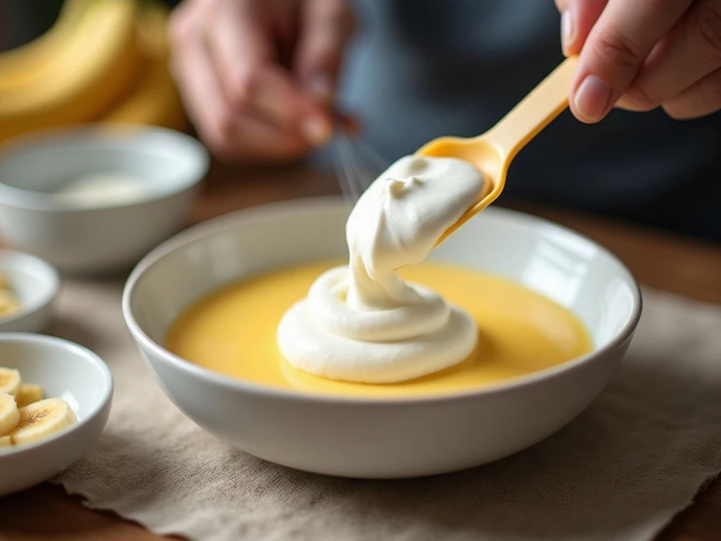 Folding whipped cream into banana custard