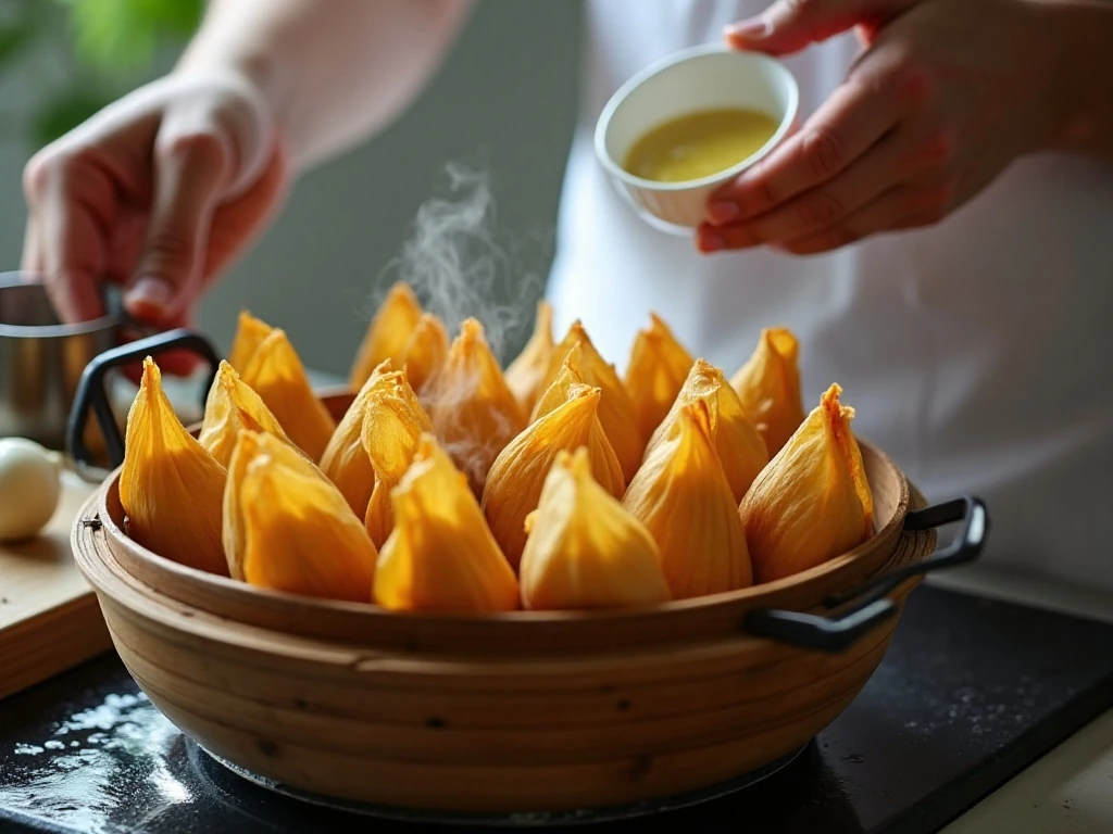 Tamales steaming upright in a steamer basket