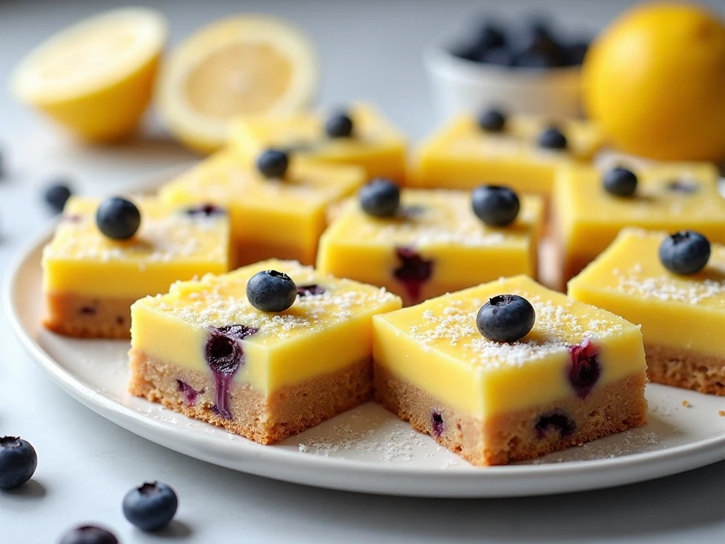 Low-carb blueberry lemon bars with almond flour crust and fresh blueberries