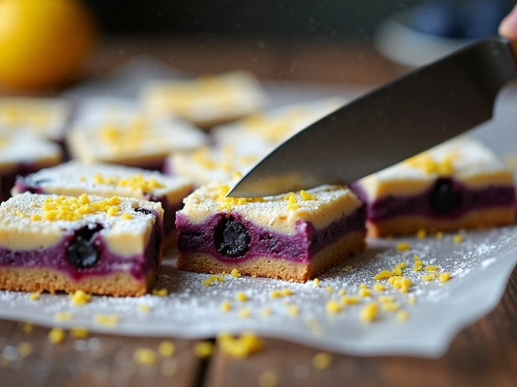 Chilled blueberry lemon bars being sliced and dusted with powdered sweetener