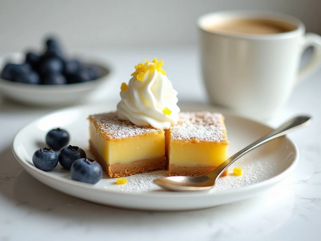 Low-carb blueberry lemon bars served with blueberries and whipped cream