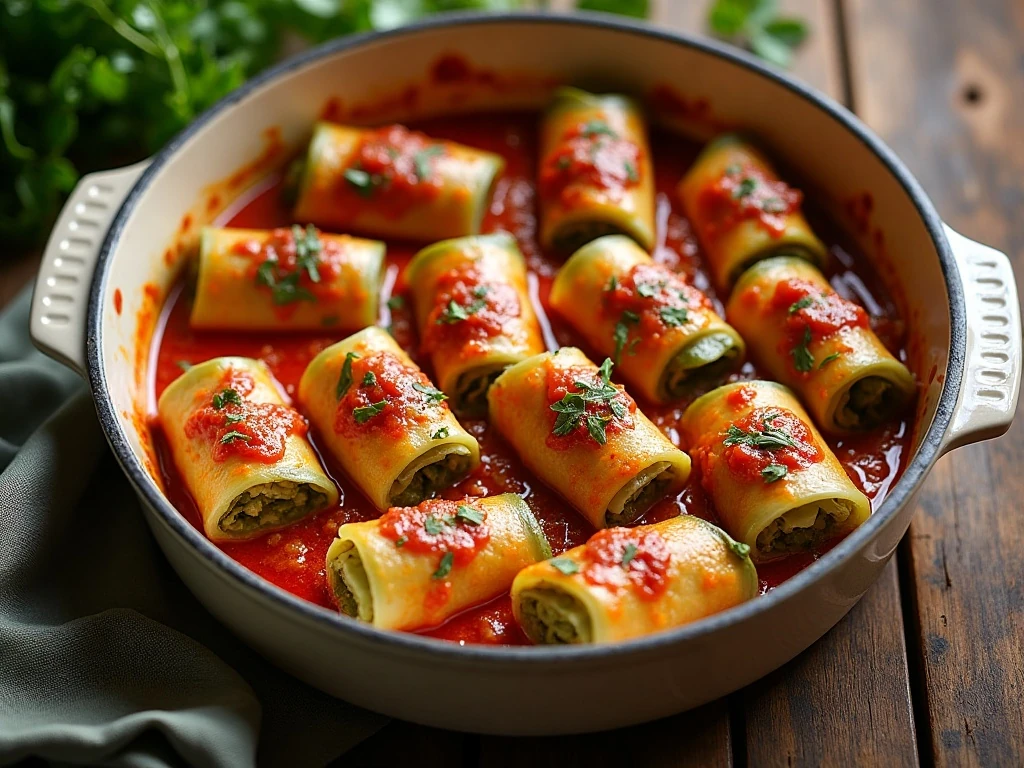 Low-carb cabbage rolls covered in tomato sauce in a baking dish
